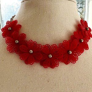 Vintage Retro Bright Cherry Red Rubbery Soft Plastic Flower Gold Tone Necklace